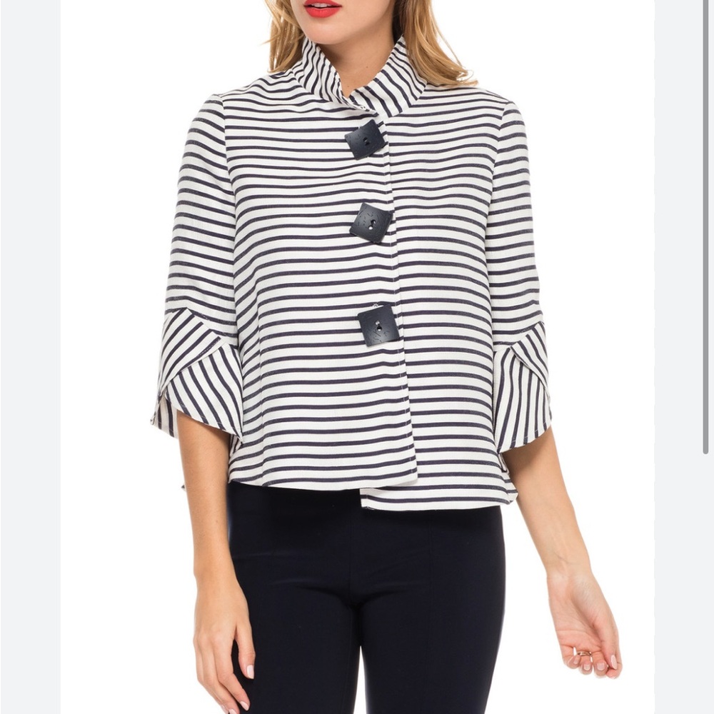 Joseph Ribkoff Black and White Striped Bell-Sleeve Button-Front  jacket - Picture 4 of 11